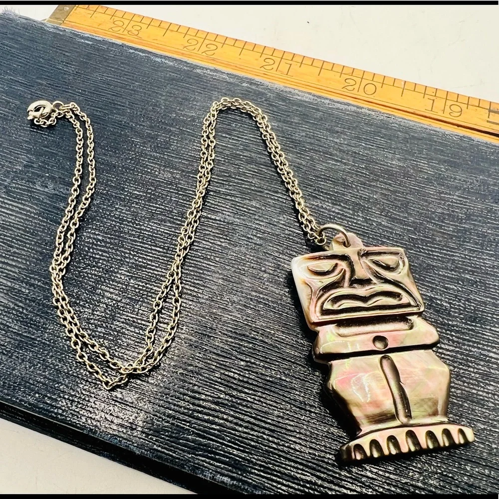 Vintage reversible carved mother of pearl tiki pendant tribal unique 18”